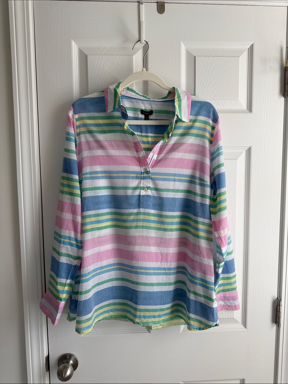 Talbots Pastel Stripe Button-Neck Blouse in Pink, Blue, Green, White